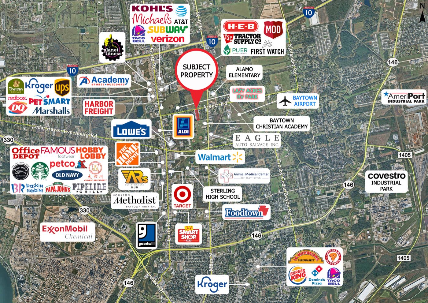 Location map of 301 W Archer Rd, Baytown TX showing nearby I-10, HEB, Walmart, Lowe's, Home Depot, and Baytown Airport