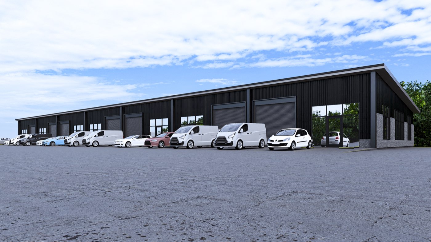 Archer Business Park rendering, bay entries and glass storefronts